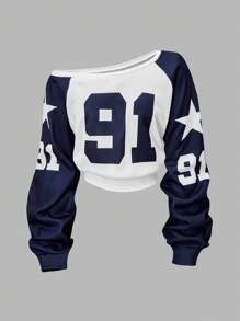 Sparklyn 少女不对称肩部91号星星图案卫衣，秋季