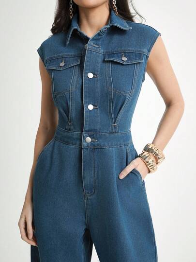 Daynim 女式休闲无袖牛仔短款连体裤