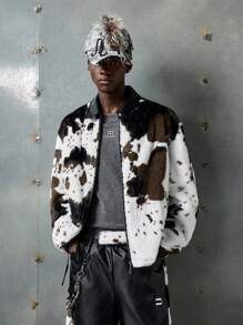 NEON BLANC Men's Street Style Fuzzy Leather Sleeve Long Jacket, Suitable For Autumn/Winter