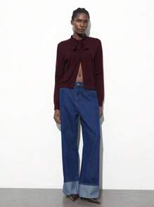 Maija Suéter de cárdigan de manga larga con cuello de corbata y lazo, unicolor elegante y casual, color rojo vino, adecuado para el Día de San Valentín, fiestas y festivales - Morado - Ver 7