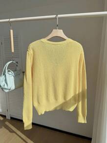 Comfortcana Plus Size Women's Solid Color Long Sleeve Single-Breasted Casual Thin Cardigan In Fall/Winter - Yellow - View 2