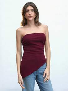 Maija 女士酒红色夏季侧褶修身性感优雅音乐会纯色不对称下摆短款上衣外出