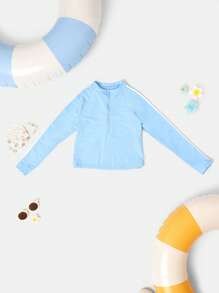 SUMWON Monte Carlo 2 Pcs Swimsuit Beachwear Collection Long Sleeve Bikini Set With Logo Print Half Zip Crop Top High Waist Active Youth Beachwear - Blue - View 5