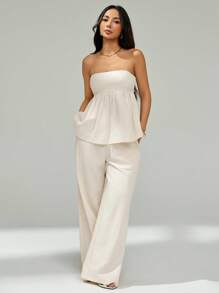 SHEIN PETITE 2件套女士纯色荷叶边下摆吊带背心上衣和裤子套装 - 米色 - 查看 5