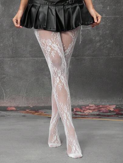 Goth 1 Pair White Floral Fishnet Tights/Pantyhose