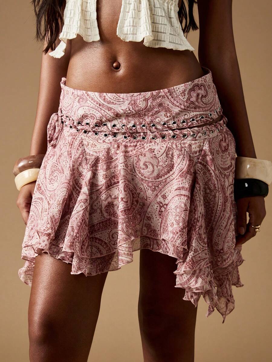 MISSGUIDED Lace Up Festival Mini Skirt Chiffon Paisley Print Lightweight Handkerchief Hem Asymmetric Ruffled Boho Summer Party Western Skirt - Multicolor - View 1