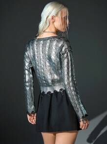 CasuGlow Women Foil Print Cable Knit Silver Knit Cardigan Button Front 2000s Style Y2k Clothes Silver Metallic Top - Silver - View 3