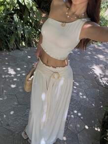 SHEIN Unity 2 件套单肩短款上衣和中长裙套装 - 杏色 - 查看 4