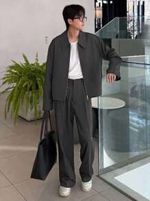 DAZY 男士深灰色通勤夹克和西装裤套装，秋季 - 深灰色 - 查看 1