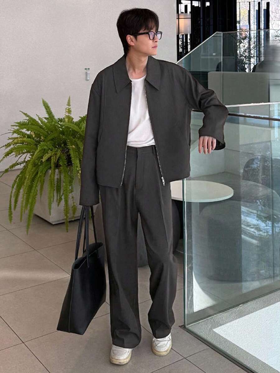 DAZY 男士深灰色通勤夹克和西装裤套装，秋季 - 深灰色 - 查看 1