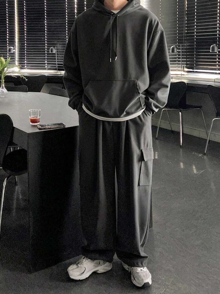 Men's Casual Dark Gray Hoodie And Sweatpants Set, Autumn