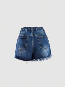 SHEIN Girlism 千禧少女春夏休闲纯灰色水洗低腰破洞毛边牛仔短裤，适合夏季海滩波西米亚风度假、夏季音乐会、音乐节、街头休闲派对、女生夏季早午餐毕业典礼等场合。 - 深色水洗藍 - 查看 2