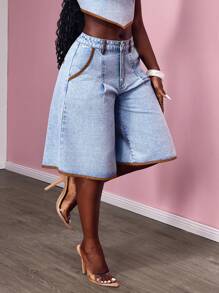 Slaydiva Women's Contrast Trim Flared Denim Shorts