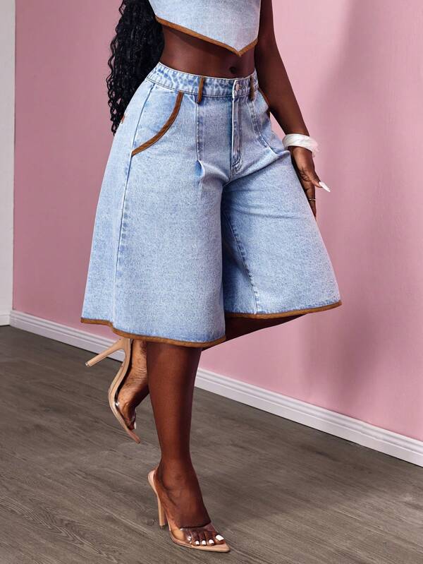 Slaydiva Pantaloncini di jeans a vita alta con bordi a contrasto