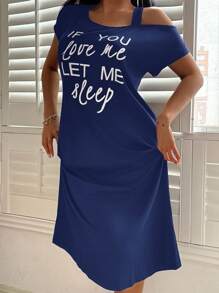 SHEIN 休闲蓝色针织睡裙，字母印花，不对称领口，Moo Moo - 藍色 - 查看 4