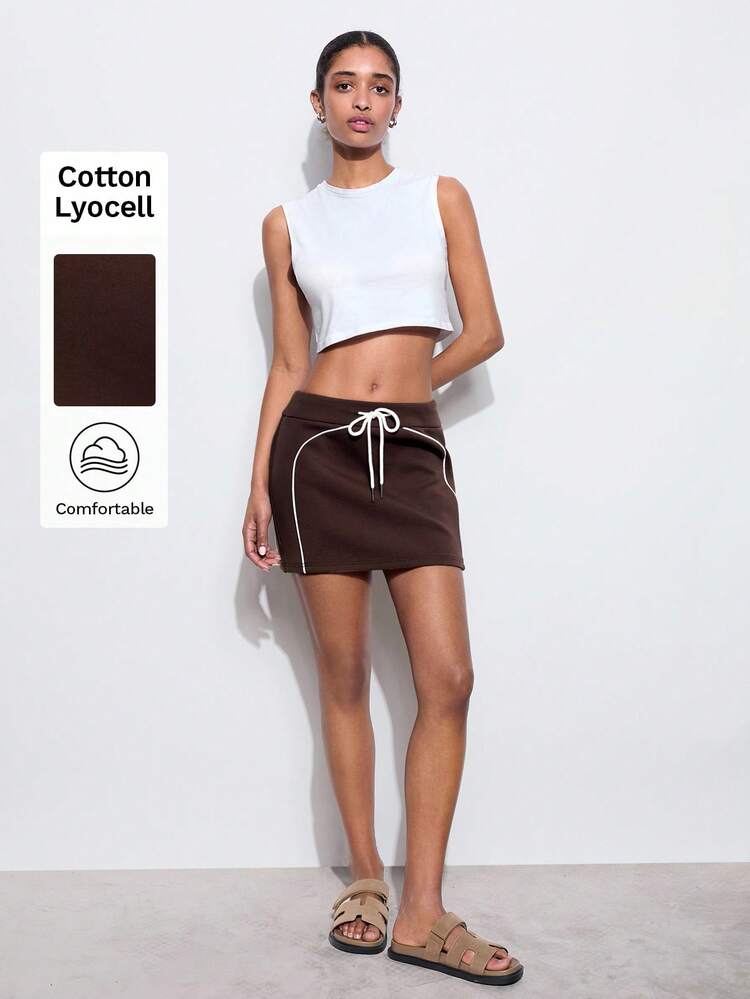 SHEIN Maija Women's Brown Summer Elastic Drawstring Tie Front White Accent Fashion Casual Simple Sporty Short A-Line Skirt Going Out Outfits