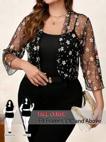 SHEIN Tall CURVE 曲线加大码女式休闲优雅长袖透明开衫，情侣装，外出女士，商务休闲女士，夏季，可爱上衣，复古女装，办公室 - 黑色 - 查看 1