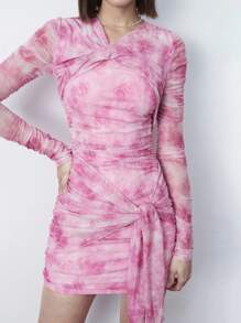 Maija Váy bó sát cơ thể xếp nếp in họa tiết hoa nhuộm loang mùa xuân cho nữ, màu hồng, thường ngày, thích hợp cho lễ hội ngày lễ tình nhân - Hồng - Xem 8