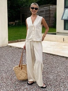 Livesso 2件套女士夏季纯色荷叶边单排扣背心和裤子休闲套装 - 杏色 - 查看 6