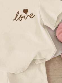 女婴简约休闲可爱心形印花 T 恤和紧身裤两件套服装，适合春夏季，女婴服装 - 彩色 - 查看 5