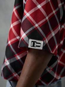 NEON BLANC 男士格子编织短袖字母数字印花衬衫，适合夏季，emo - 紅色 - 查看 4