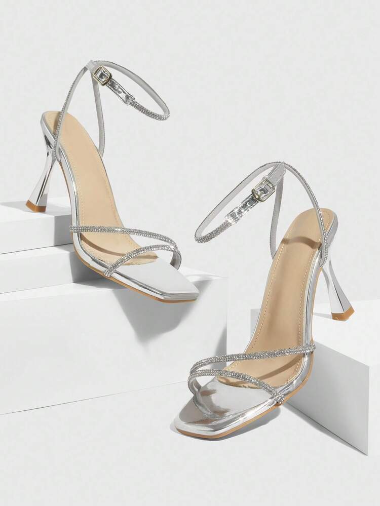 CUCCOO SZL Rhinestone Embellished Square Toe High Heel Sandals, Stylish For Commute, Date, And Party For Christmas Spring Shoes Prom Heels