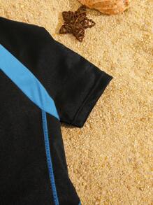 SHEIN 男童运动款拼色圆领短袖针织连体泳衣 - 藍色 - 查看 5