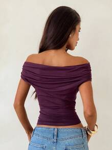 Aloruh Solid Color Pleated Fitted Off Shoulder Elegant Fashion T-Shirt