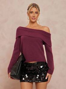 Lumalex Suéter casual de unicolor con hombros descubiertos para mujer, ideal para fiestas, banquetes, reuniones, festivales, vacaciones y bodas en temporada de otoño/invierno y primavera/otoño de lujo, ideal para fiestas de Navidad y Año Nuevo - Burdeos - Ver 4