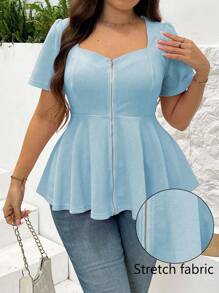 SHEIN Clasi Plus Size Women Square Neck Short Sleeve Zipper Wave Hem Casual Elegant Blouse