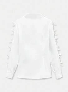 Maija Women's White Shirt With Side Slit Multiple Bow Decorative Design, Summer Dress Shirt With Stylish, Elegant, Versatile, Comfortable Fit, Long Sleeve, Side Slit, Multiple Bow Decor, Vintage Music Festival Casual Attire, Romantic, French Chic, Sophisticated, Understated, Graceful