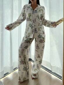 DAZY 猫咪与花卉印花全印花女士睡衣套装，秋冬服装 - 白色 - 查看 9