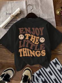 SHEIN Leap Crew 男童休闲简约字母印花圆领短袖T恤，适合夏季穿着，棉混纺面料。