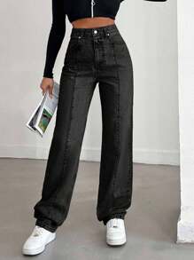 EURMUSE 100%Cotton Solid Color Straight Leg Jeans - Black - View 5
