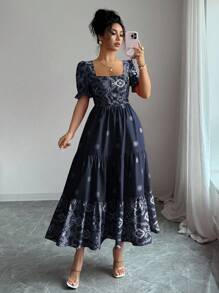 Selianne Đầm suông chữ A tay ngắn cổ vuông in họa tiết, eo bó dành cho nữ, thanh lịch cho ngày lễ và đi làm hàng ngày - Màu xanh hải quân - Xem 4