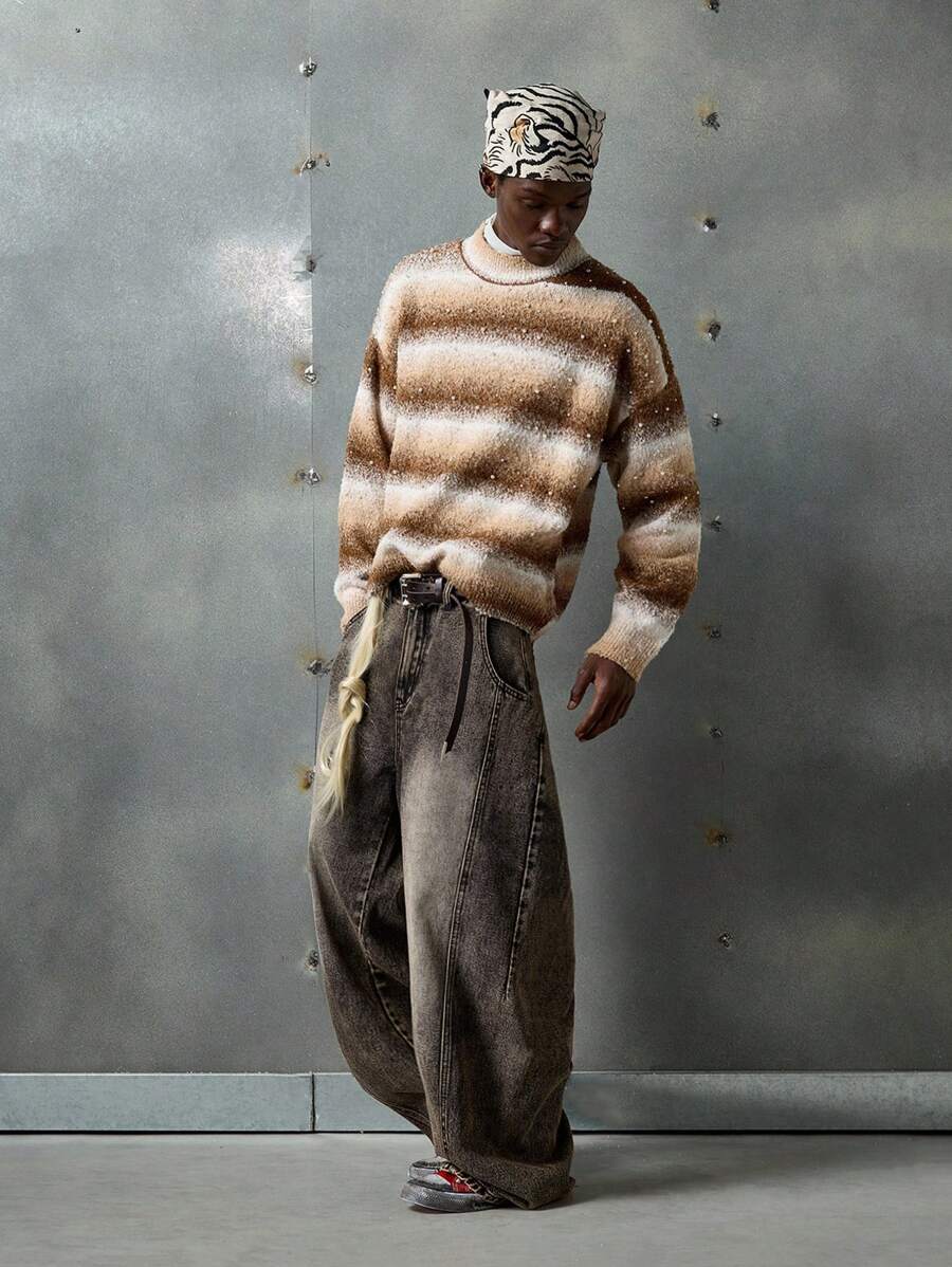 NEON BLANC 男士宽松口袋阔腿休闲百搭牛仔裤 - 棕色 - 查看 1