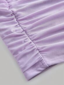 SHEIN Girlism Tween Girls Elegant Formal Knitted Solid Color Square Neckline Mesh Bell Sleeve Ruched Long Sleeve Snug Fit Dress, For Autumn White Daily Wear Lilac Dress Light Purple Dress Sheer Sleeve Dress Purple Mesh Dress Lavender Dress Ruched Dress Long Sleeve Dress Fall Winter Mesh Sleeve Dress - Mauve Purple - View 4