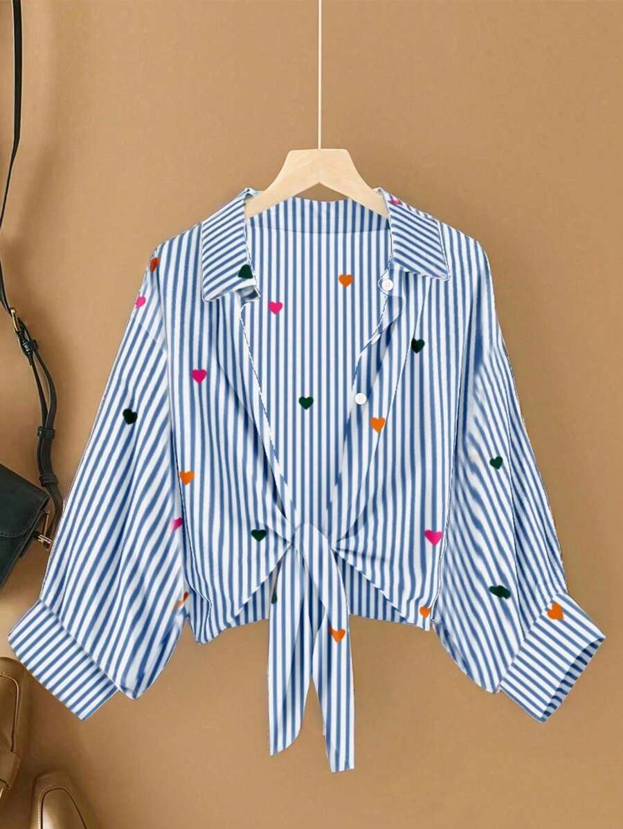 Calvaya Plus Size Women's Striped Simple Daily Long Sleeved Shirt, Heart-Shaped Printed Shirt, Sunscreen Shirt, Suitable For Summer Wear, Women's Clothing - White - View 1