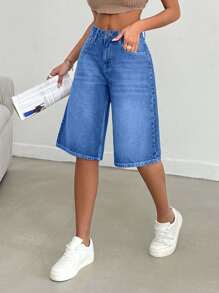 EURMUSE 100%Cotton VINTAGE WASH OVERSIZE LONG SHORT - Light Wash - View 5
