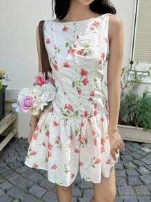 SHEIN Teen Girls' Casual Simple Comfortable Round Neck Sleeveless Floral Print Dress - Apricot - View 7