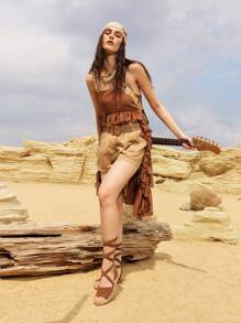 Styleloop Women's Simple Lace-Up Flat Sandals, Casual For Daily Wear Holiday Travel Essential Boho Coachella - Brown - View 6