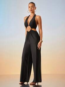 Hauture Bộ đồ liền thân ống rộng gợi cảm cho đêm nghỉ hè của phụ nữ với chi tiết trang trí phía trước - màu đen - Xem 3