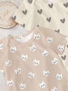 SHEIN 新生儿卡通猫咪爱心印花短袖连体衣，适合夏季穿着 - 彩色 - 查看 3