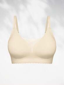 1pc Casual Seamless Mesh Splice Solid Scallop Trim Adjustable Wireless Removable Padded Bra For Women - Beige - View 5