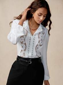 Florisole Women Elegant Commuting Casual Lace Patchwork White Long Sleeve Shirt All White Fall Cloth For Women