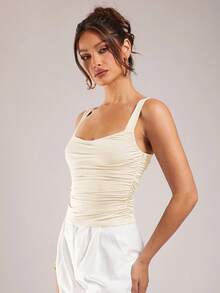 Silquee 女式休闲纯色褶皱修身背心，夏季，褶皱上衣，奶油色上衣，女式奶油色上衣，挤奶女工上衣，女式奶油色上衣，女式上衣