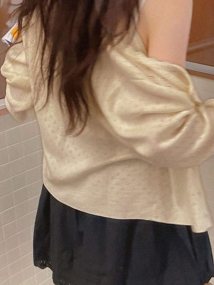 Women's Solid Color Hollow Out Long Sleeve Single-Breasted Knitted Cardigan And Bow Decor Camisole Knit Top Casual 2 Pieces Set