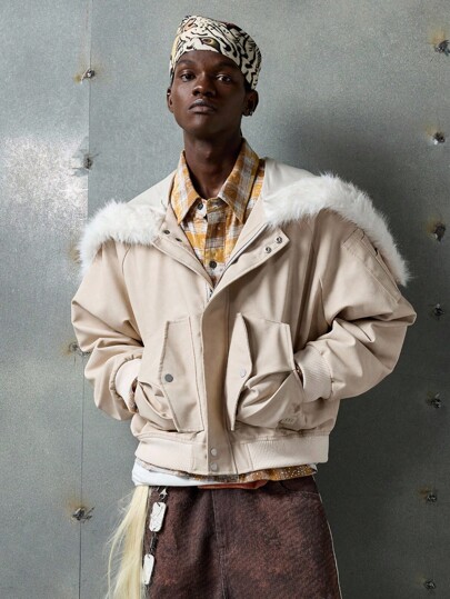 NEON BLANC Chaqueta de manga larga con cuello de peluche de piel sintética de moda callejera para hombres, estilo de los años 2000, para otoño e invierno