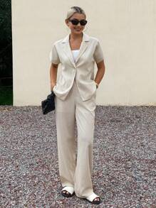 Livesso 2 Stücke Damen ärmelloses Hosenanzug-Set aus Jacke und weiter Hose, Sommer