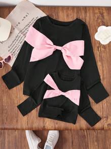 Plus Size Minimalist Fashion Black & Pink Bowknot Decor Long Sleeve Top Bow Top Women Pink Bow Top Black And Pink Top Women Long Sleeve Top Long Sleeve Bow Top Fall Cloth For Women